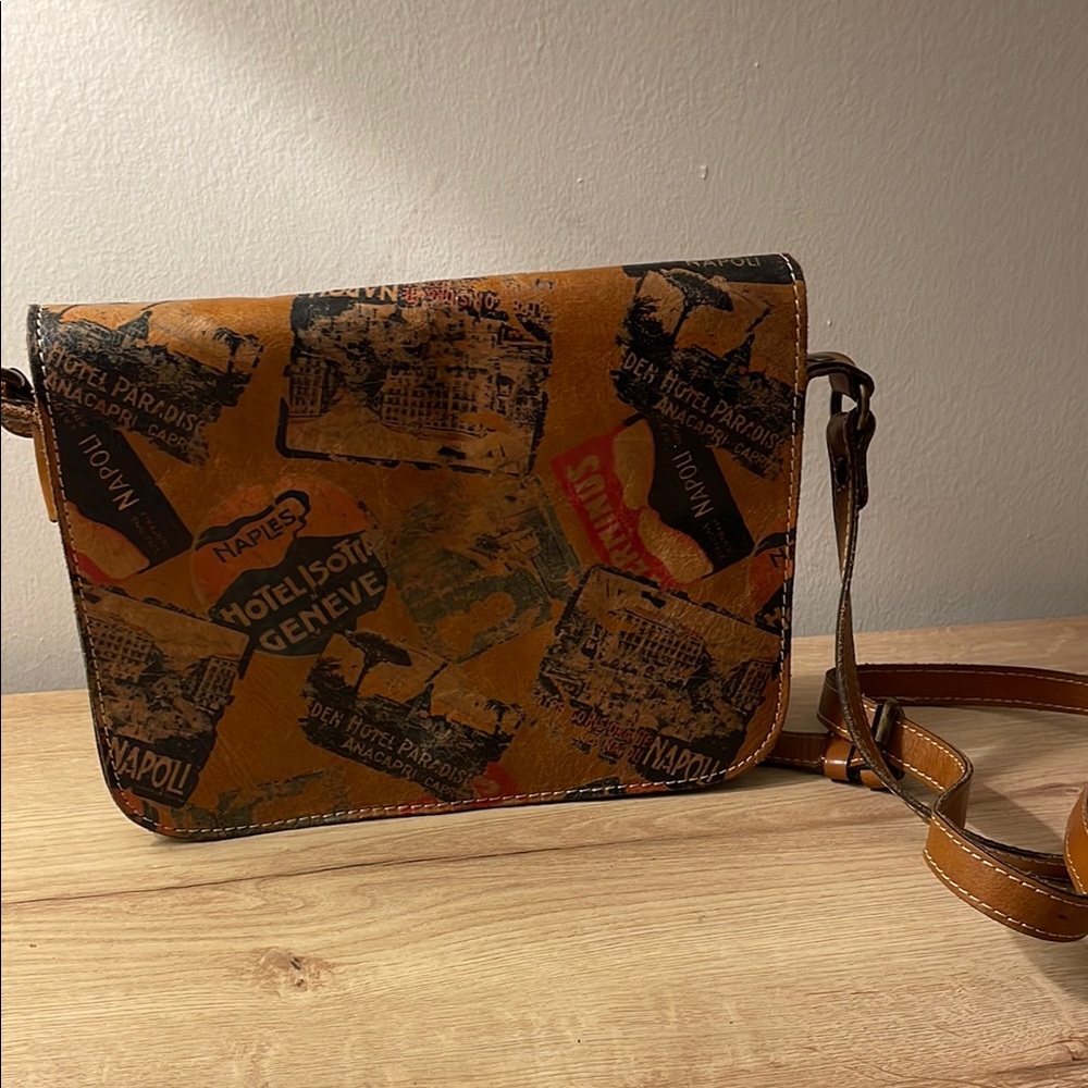 Patricia Nash Vintage Map Print Brown Leather Crossbody Bag